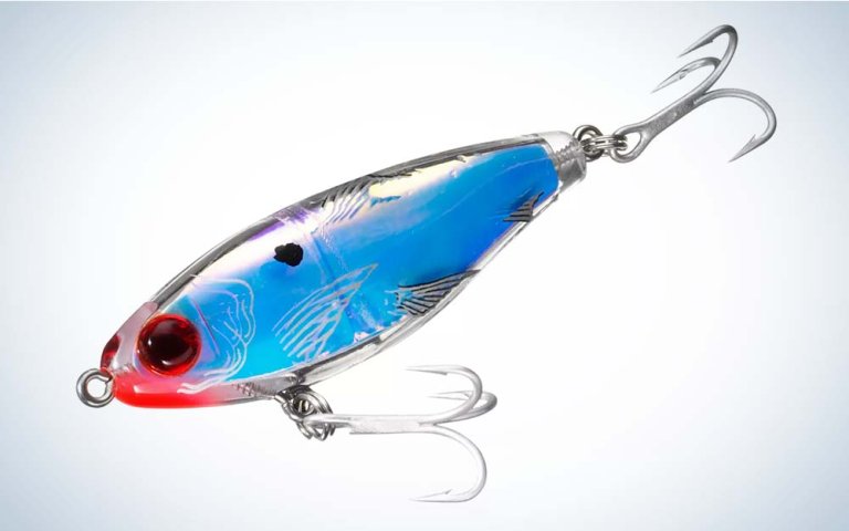  A red and blue fish-shaped lure
