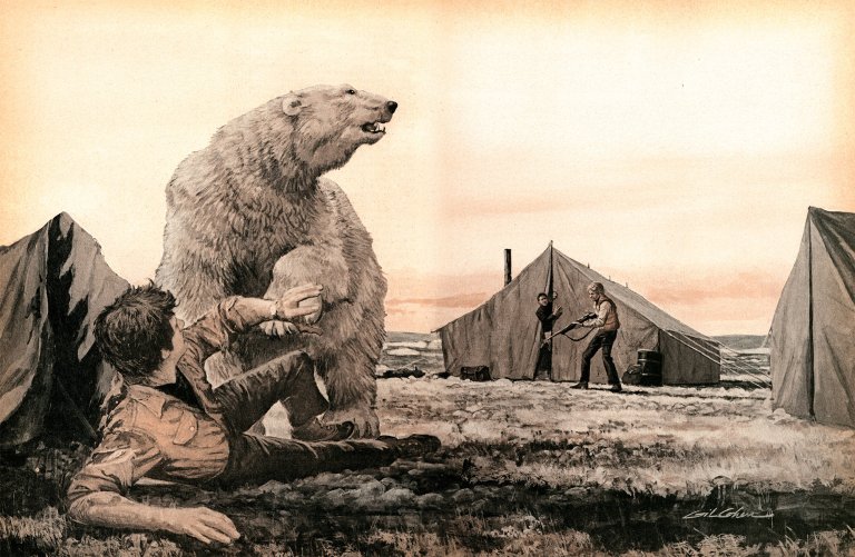 An illustration of a polar bear attacking a man at a wall tent camp
